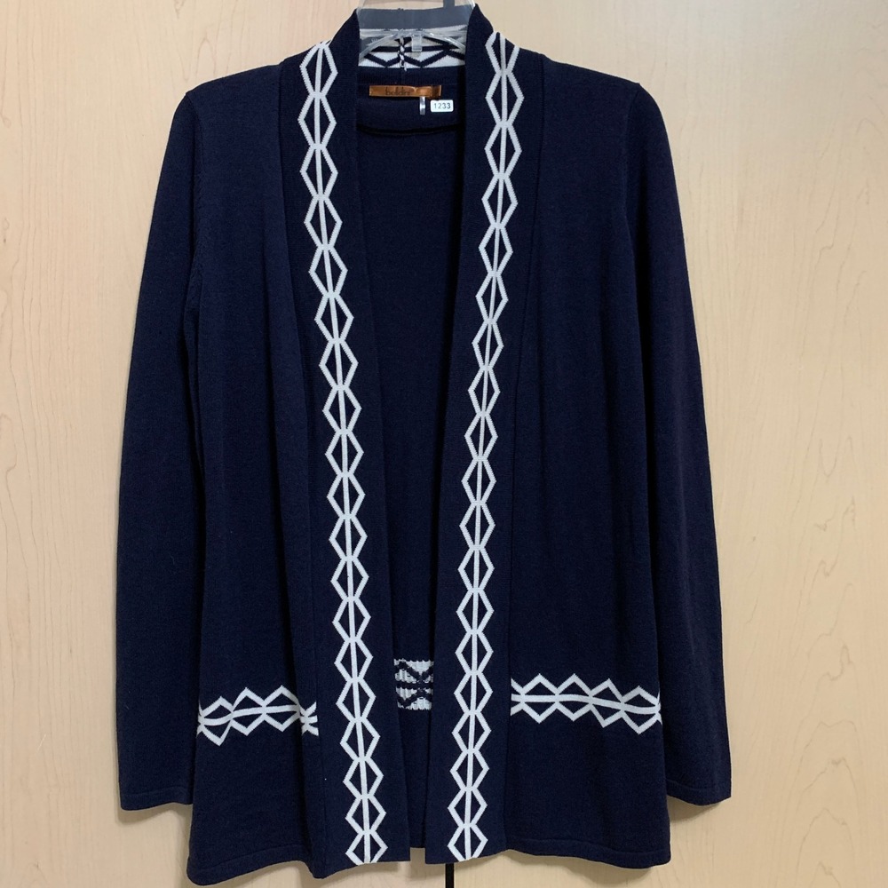 Belldini Cardigan Sweater Women's Long Sleeve‎ Open Front Geometric Navy Blue S